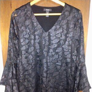 Alfani Women's Metallic Bell Sleeve Burnout Top, Medium, Black - NWT